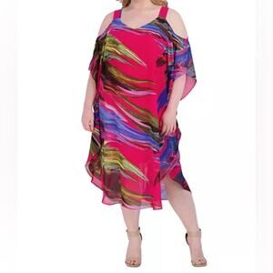 ROBBIE BEE Plus Size Cold-Shoulder Caftan Dress Hot Pink Women’s Sz 14W